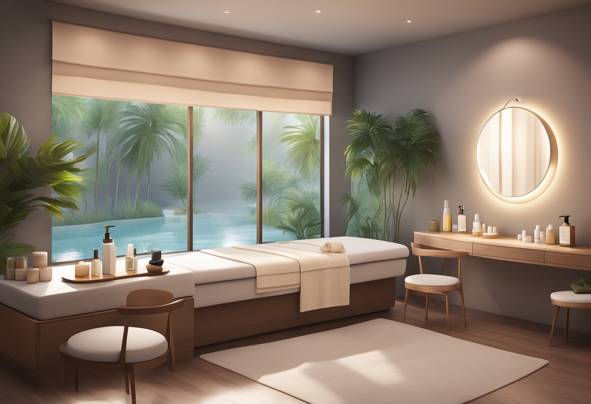 A serene spa room with a soft, ambient glow. A table holds various skincare products and a comfortable chair awaits a client