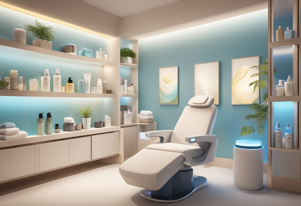 A serene spa room with a comfortable treatment chair, soft lighting, and a sleek hydrafacial machine in the center, surrounded by shelves of skincare products