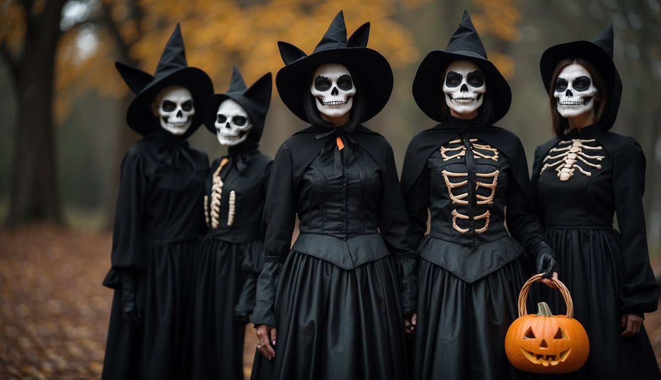 A group of iconic black Halloween costumes stand on a dark, eerie background. The costumes include a witch, vampire, cat, and skeleton Black Halloween Costume Ideas