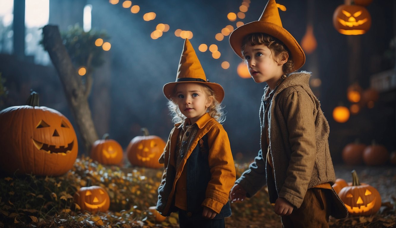 Children in various costumes play in a well-lit, spacious area. A parent watches closely, ensuring safety. The costumes are colorful and imaginative, reflecting the joy of Halloween