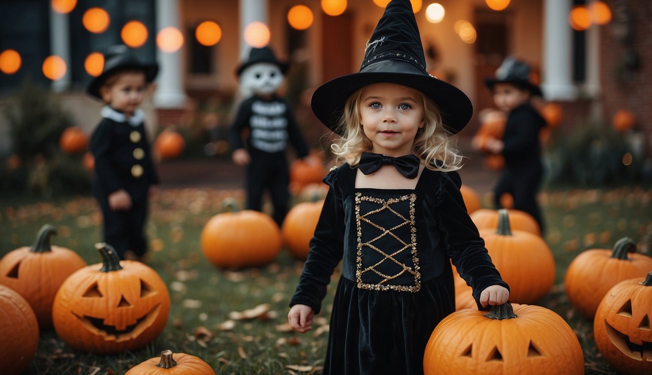 Children in various Halloween costumes, such as witches, superheroes, animals, and princesses, gather around a spooky decorated house with pumpkins and bats Kids Halloween Costumes Ideas (1)