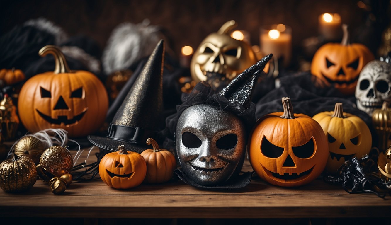 Children arranging Halloween costumes with various accessories on a table. Masks, hats, wigs, and props are laid out for selection Kids Halloween Costumes Ideas (1)