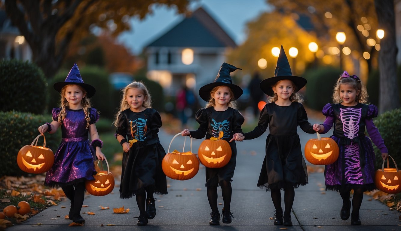 Children in colorful and creative Halloween costumes trick-or-treating in a neighborhood filled with spooky decorations and glowing jack-o'-lanterns Kids Halloween Costumes Ideas (1)