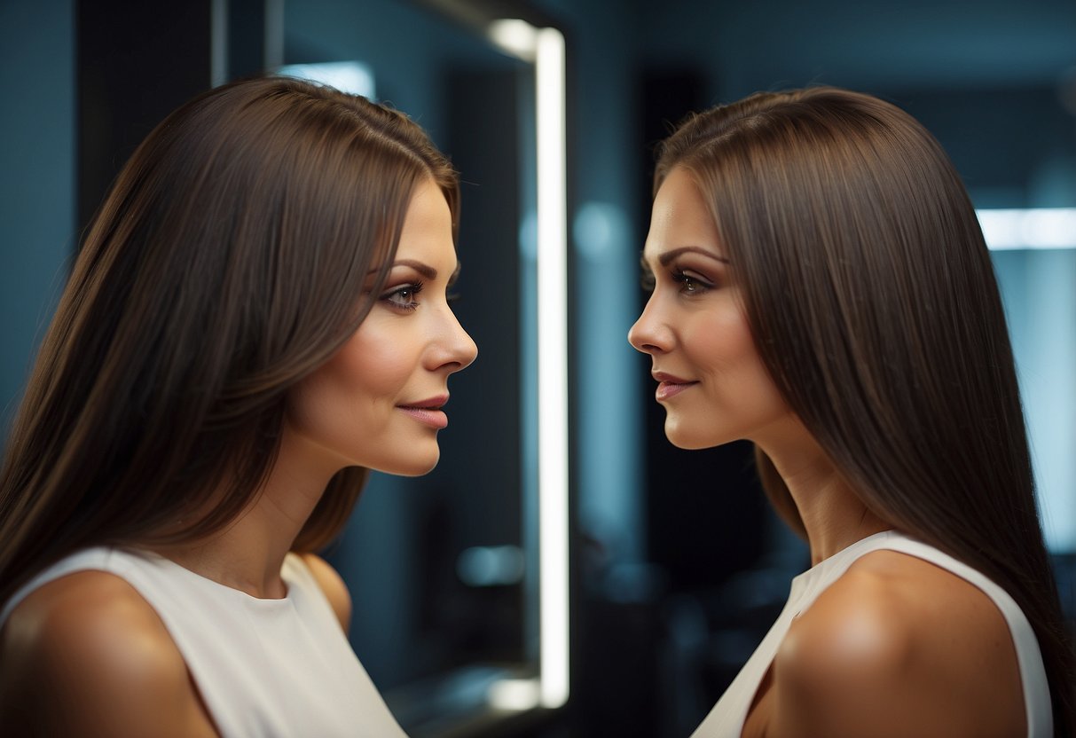 A woman with thin hair looks in the mirror, considering the pros and cons of hair extensions for added volume