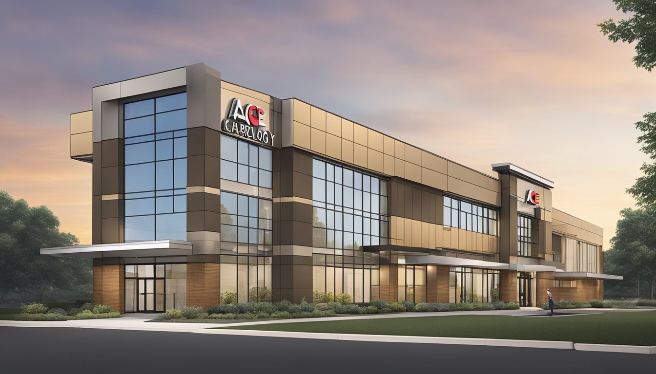 The ACE Cardiology Clinic sign hangs above the entrance, with bold letters and a clean, professional design. The building is modern and inviting, with large windows and a well-maintained exterior
