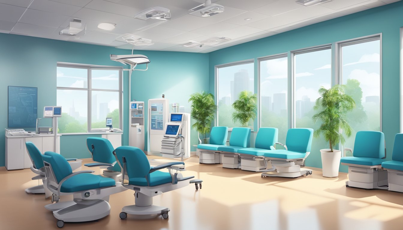 A modern cardiology clinic with state-of-the-art equipment and comfortable waiting areas. A team of medical professionals provide comprehensive cardiac care services