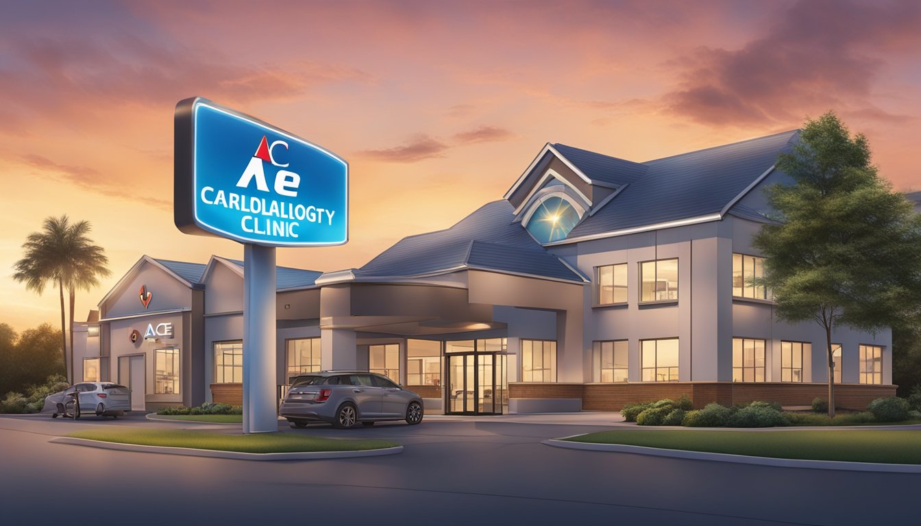 The ACE Cardiology Clinic sign shines brightly against the evening sky, drawing in patients seeking top-notch cardiac care