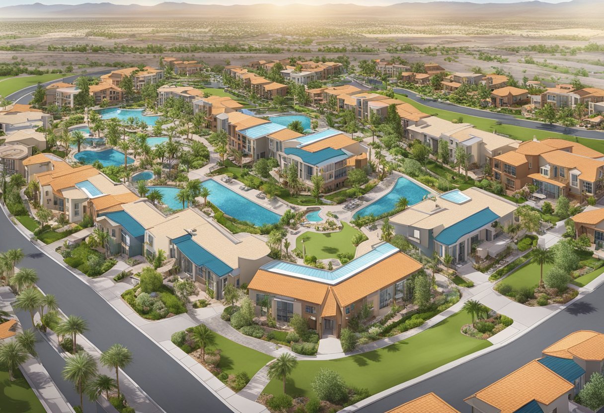 Aerial view of vibrant master planned communities in Las Vegas with manicured landscapes, modern homes, and community amenities