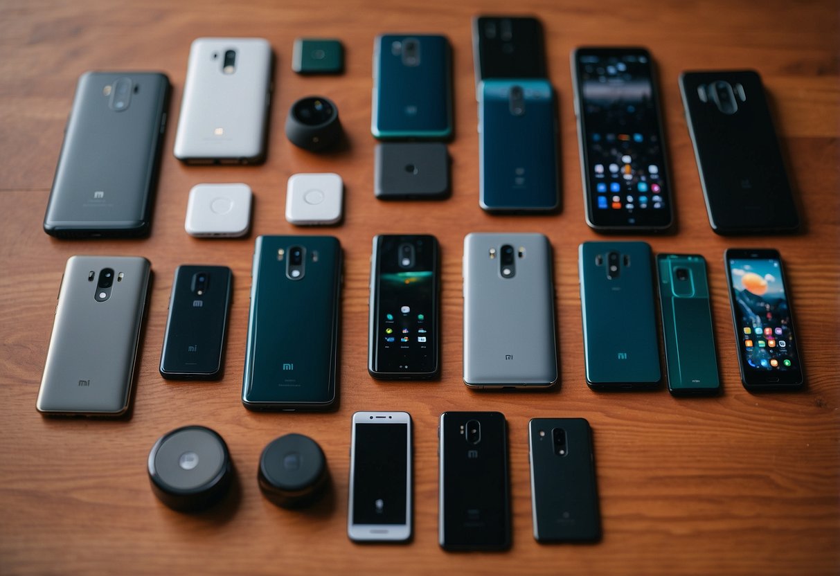 A top-down view of various Xiaomi phones arranged neatly on a table, showcasing their sleek designs and modern features