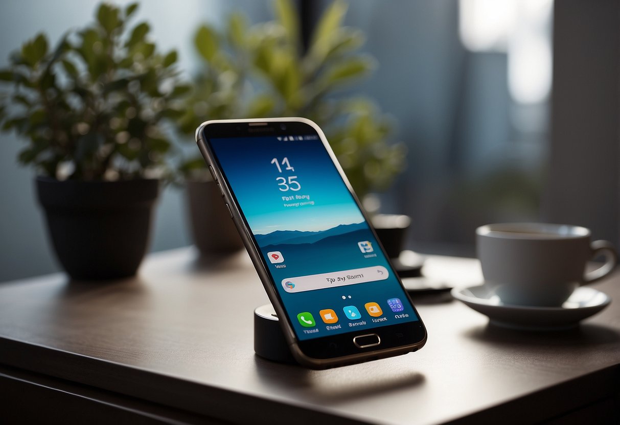 A Samsung phone sits on a clean, modern desk, surrounded by sleek technology and a minimalist aesthetic