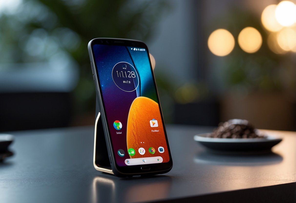 A Motorola cellphone sits on a sleek, modern table, its screen illuminated with a vibrant display