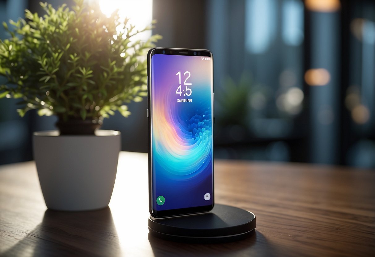 A Samsung phone on a sleek, modern table with a stylish background