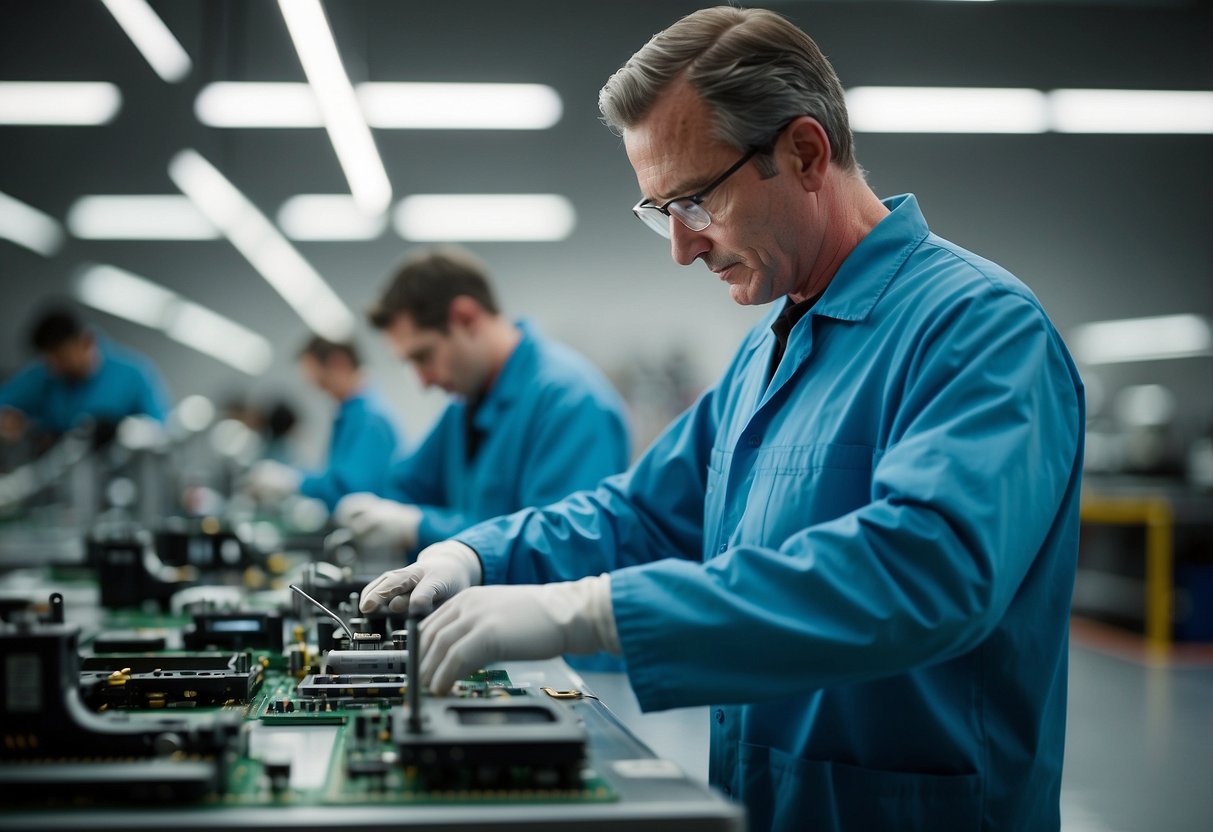 A sleek, modern Motorola cell phone being carefully assembled and tested in a high-tech manufacturing facility