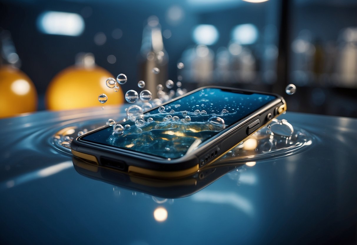 A cell phone submerged in a chemical bath, bubbles rising, surrounded by laboratory equipment