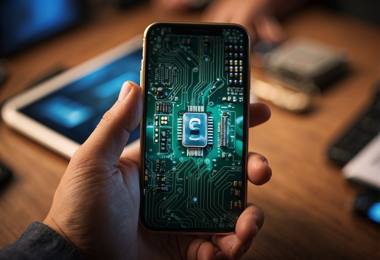 A hand holds a cellphone circuit board with a question mark above it