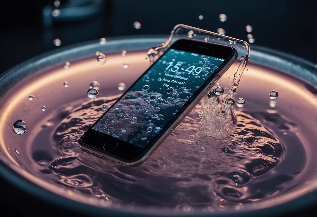 A cell phone submerged in a chemical bath, causing liquid damage. Various liquids and their effects on electronic devices