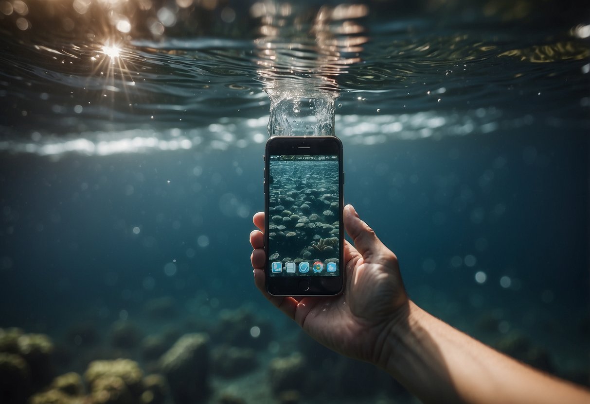 Phone submerged in water, bubbles rising. Owner's distressed expression. Hands reaching to retrieve it