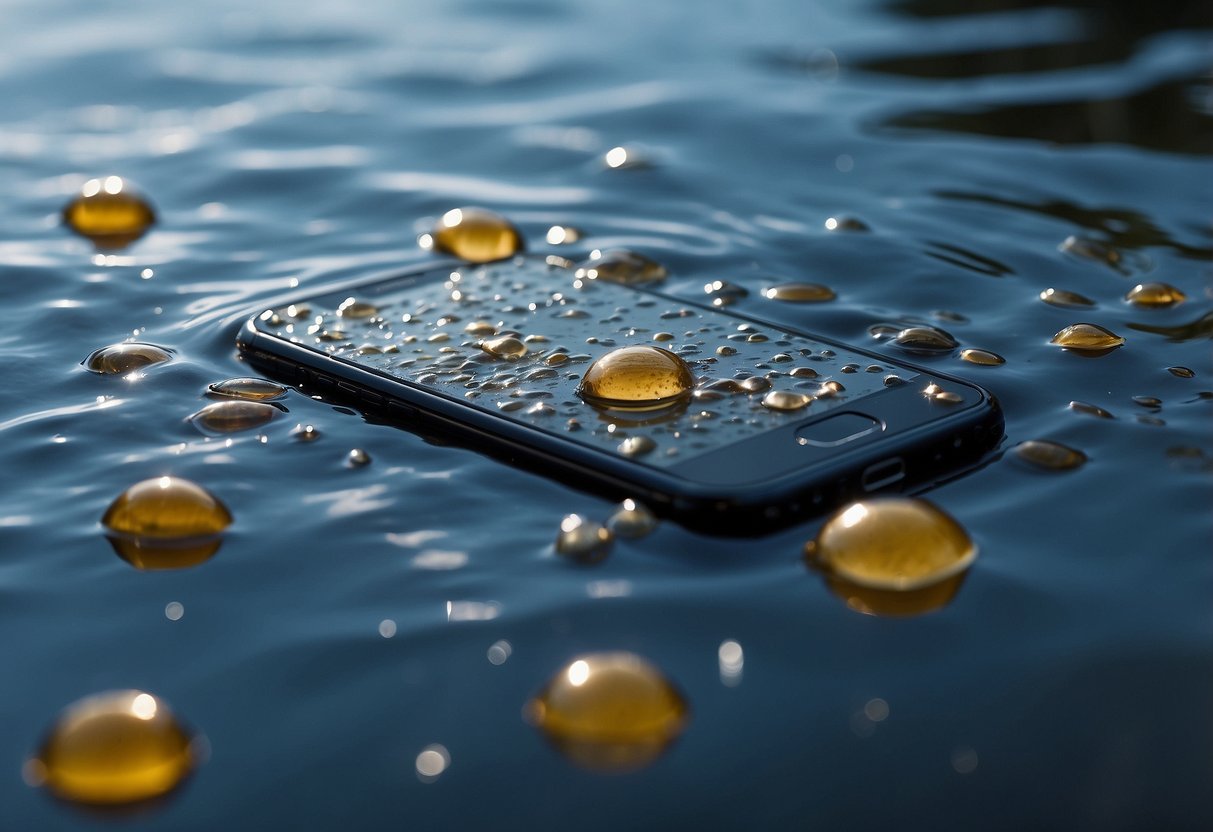 A wet cellphone lies submerged in water, surrounded by droplets