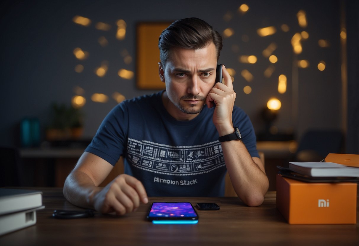 A frustrated person stares at a Xiaomi phone with a puzzled expression, surrounded by error messages and a tangled charging cable