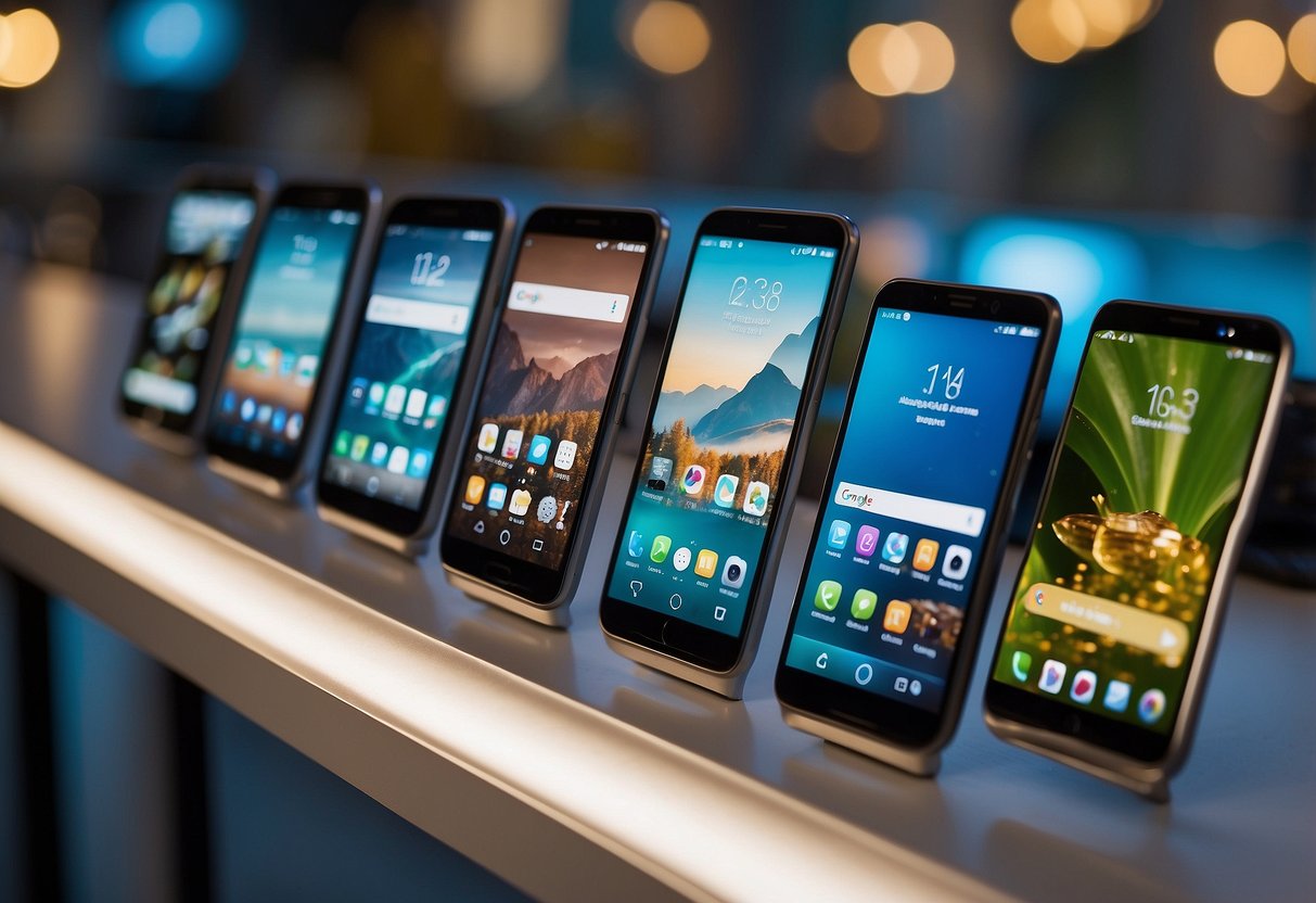 A display of various smartphones, labeled "best, good, and cheap." Bright lighting and clean, modern surroundings