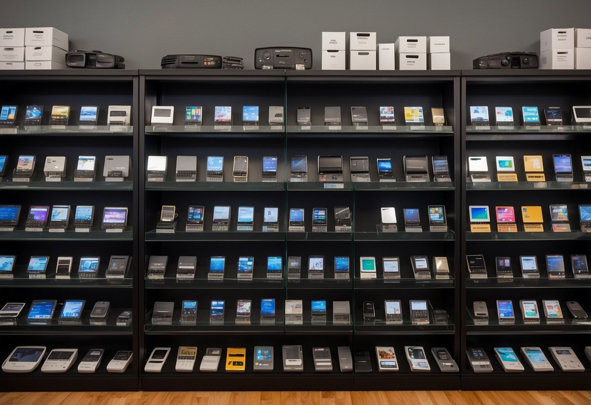 The scene shows a variety of smartphones displayed on shelves, with price tags visible. Some are labeled as "best" and "affordable."