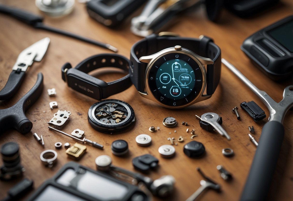 A SmartWatch being repaired on a cluttered workbench with tools and electronic components scattered around