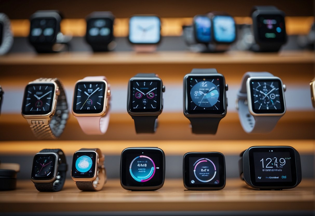 A hand selecting a smartwatch from a display of various models, with a focus on the technical specifications and features