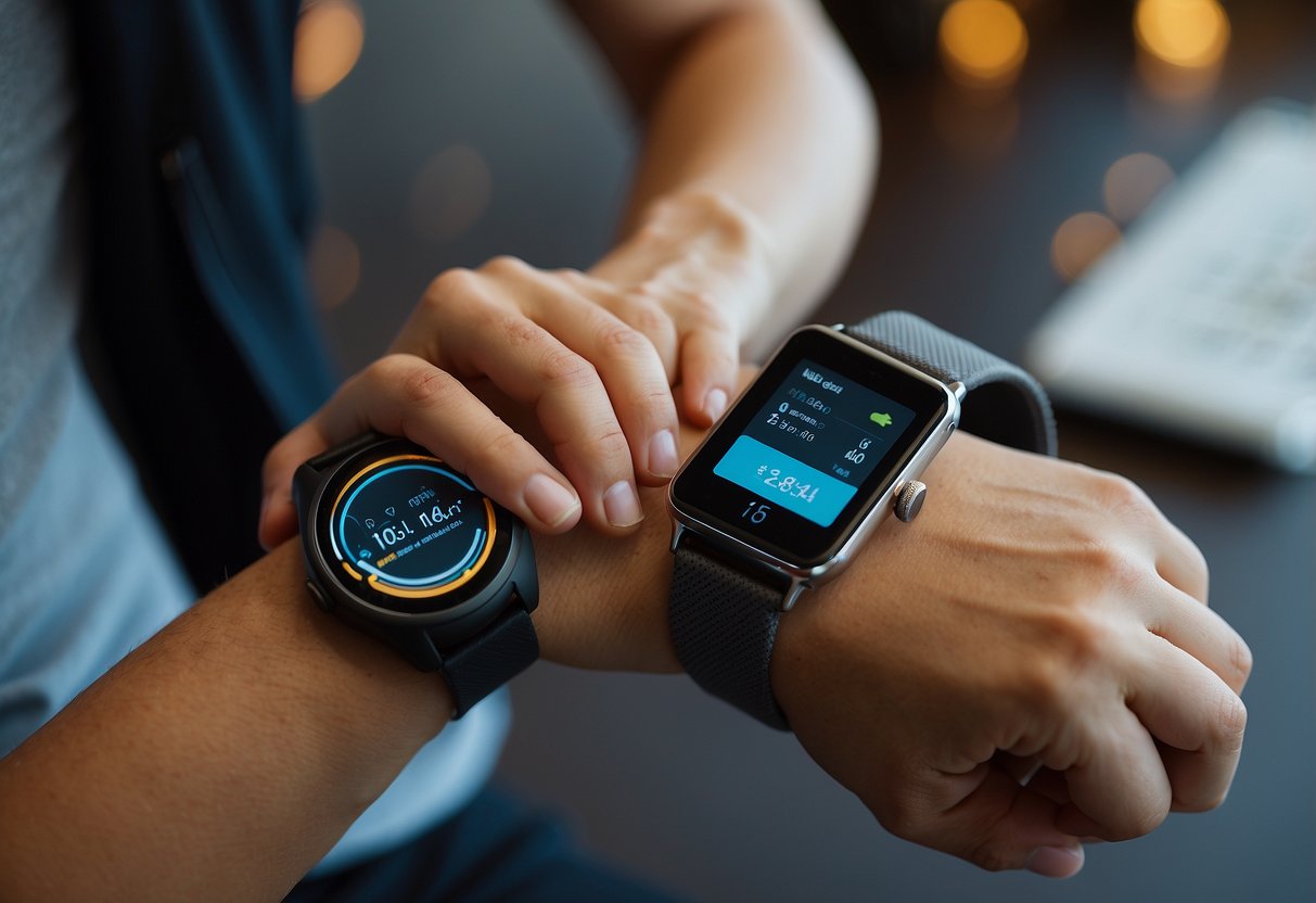 A person's hand adjusting a smartwatch on a wrist, with a smartphone in the background displaying various daily activities