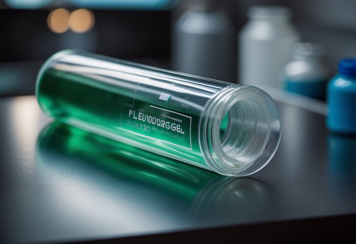 A clear tube of hydrogel film sits on a laboratory bench, with a label reading "Peliculas de hidrogel"