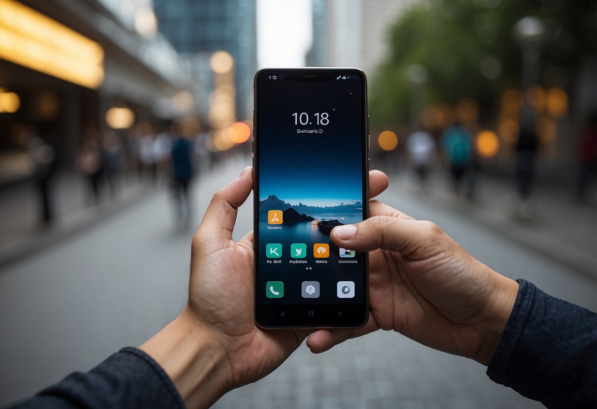 A hand holding a Xiaomi phone, pressing the power and volume buttons simultaneously to initiate the reset process