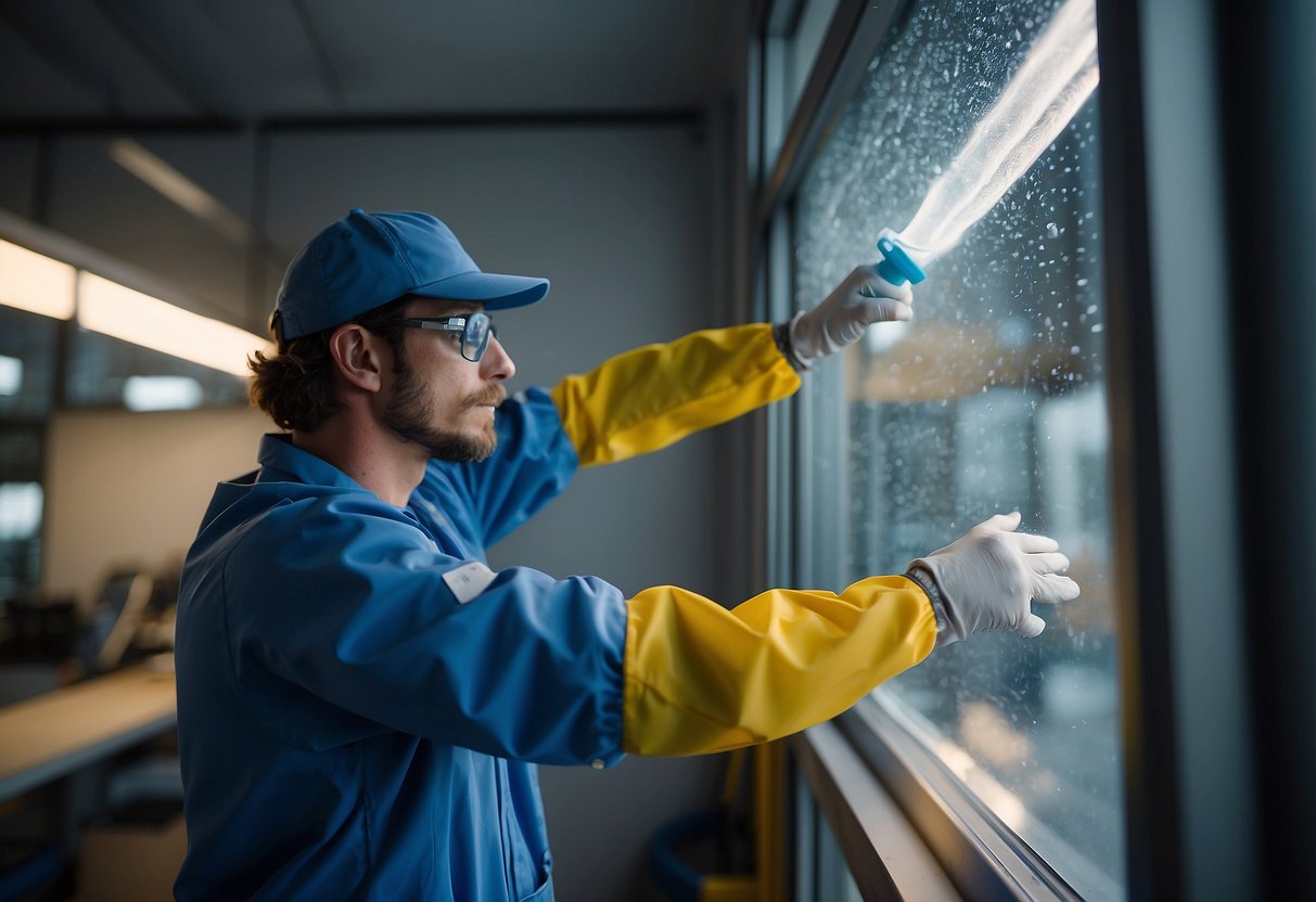 A technician installs and maintains hydrogel film on a window, using specialized tools and equipment