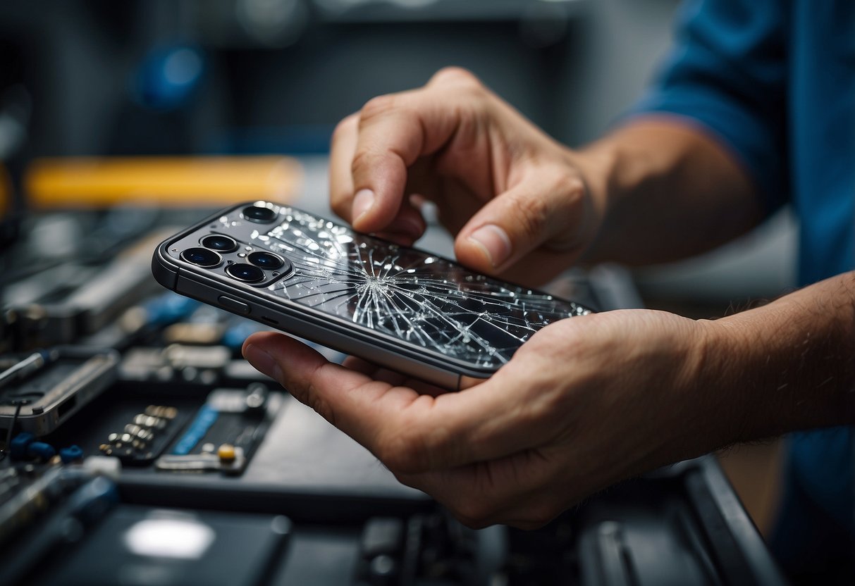 An iPhone 13 with a cracked screen being repaired by a technician at a repair shop