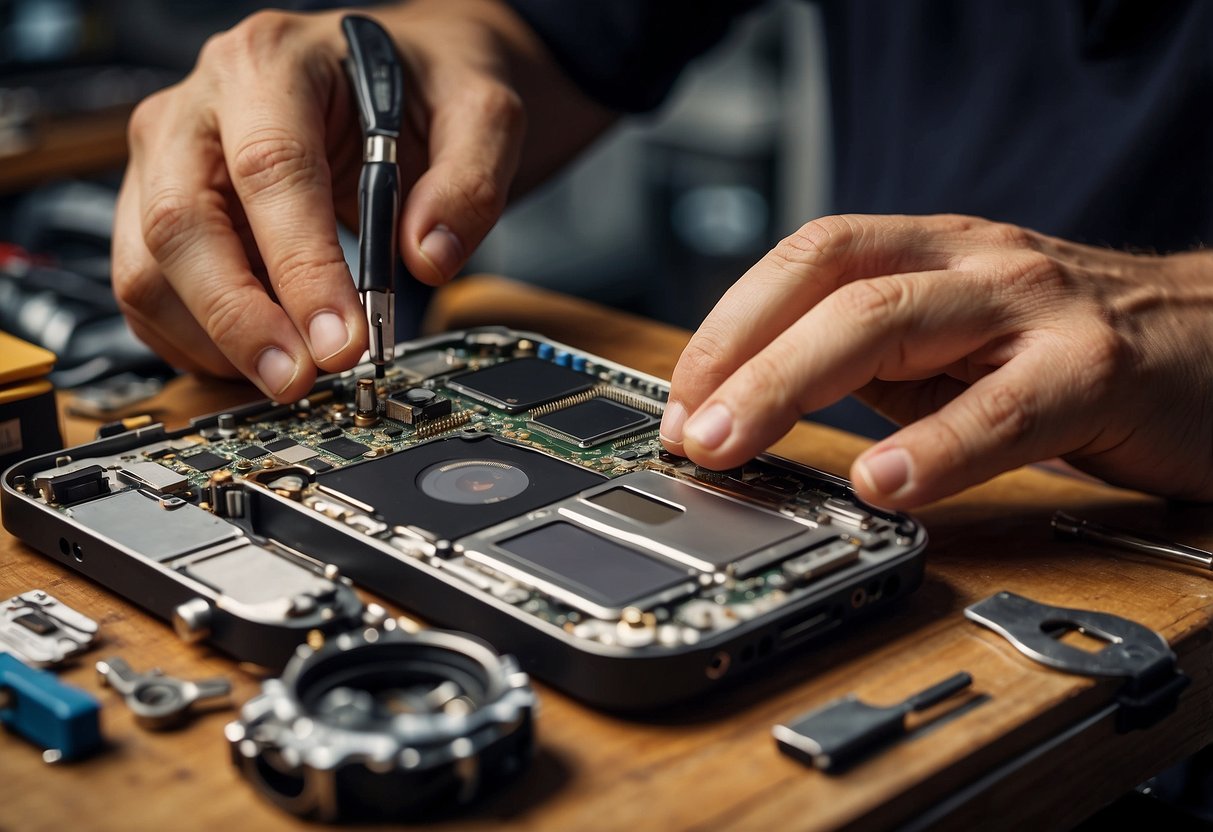 A broken iPhone 13 camera being repaired on a workbench with tools and a technician's hand reaching for it