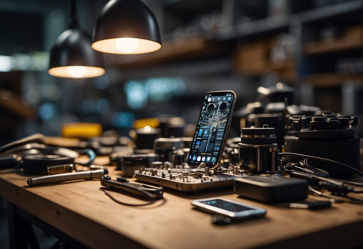 An iPhone 13 with a faulty camera is being repaired at a technician's workbench, surrounded by tools and equipment