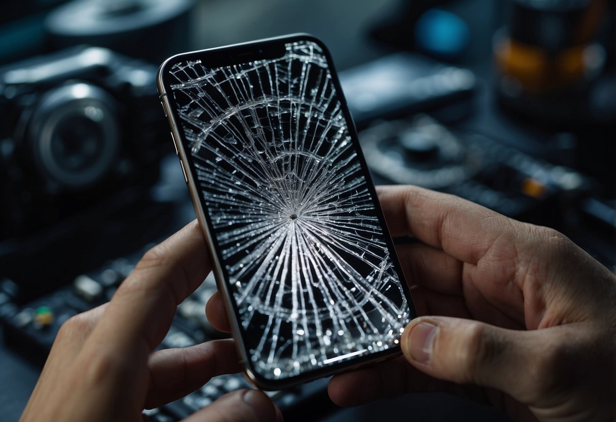 An iPhone 14 with a cracked screen being repaired by a technician