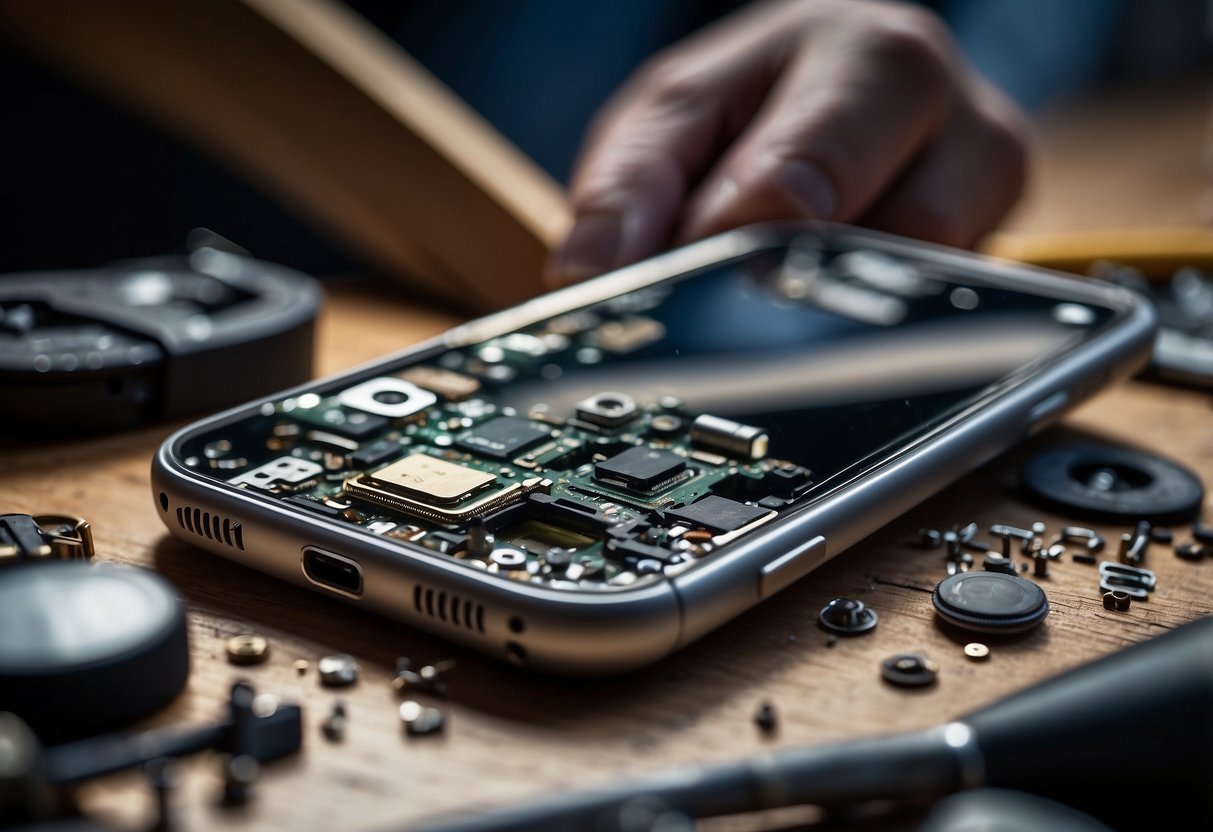 A broken iPhone 14 camera being examined by a technician. Tools and parts scattered on a workbench