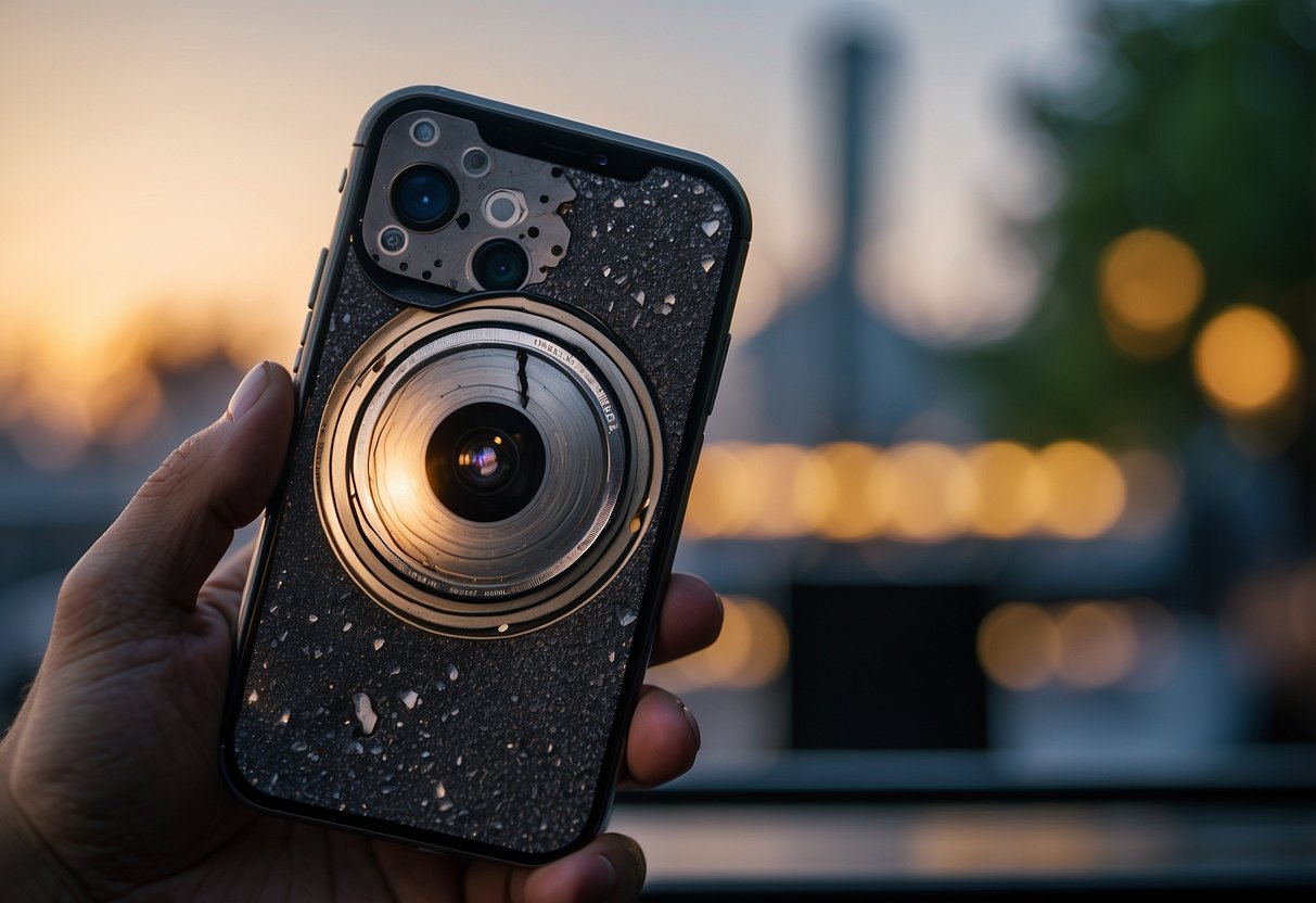 An iPhone 14 camera with visible signs of damage, including a cracked lens and non-responsive shutter button