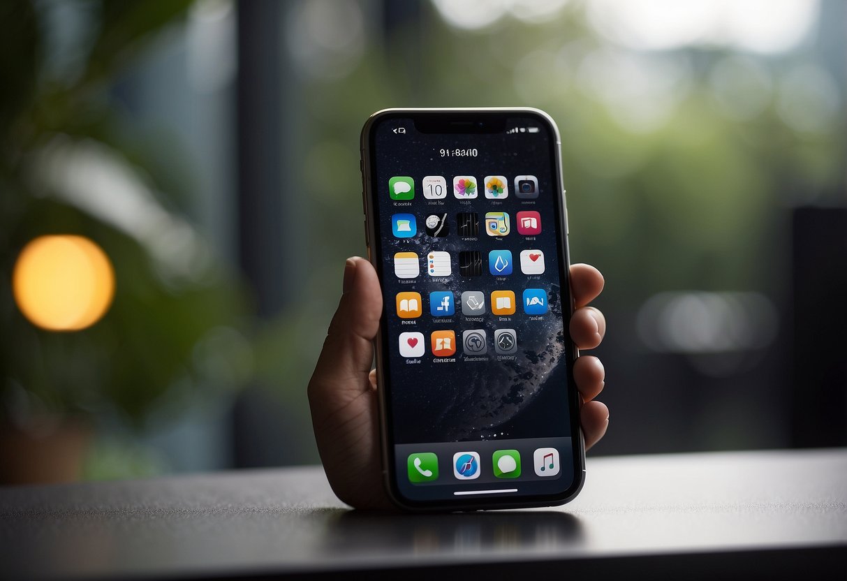 An iPhone placed on a flat surface, with a hand hovering above it, as if resisting the urge to pick it up