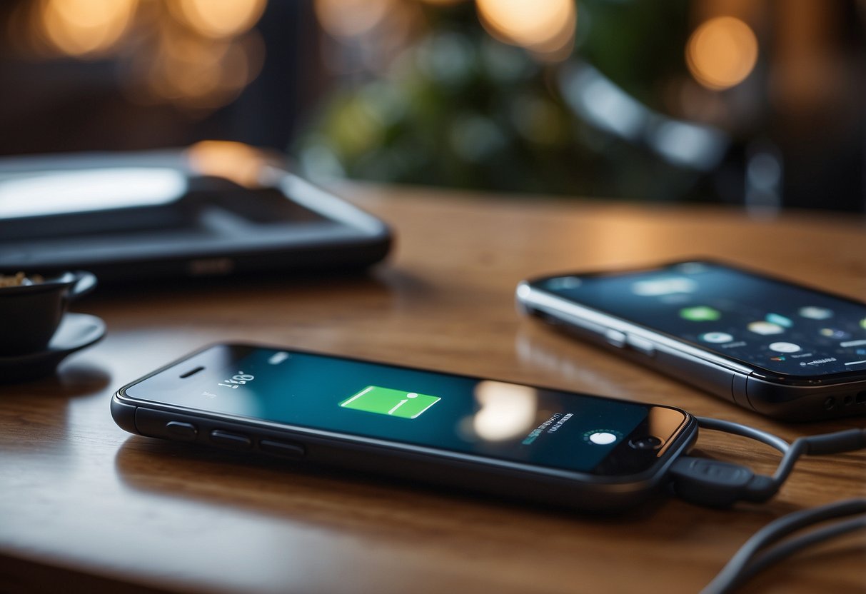 A table with an iPhone plugged into a charger, surrounded by various electronic devices. A diagram showing proper battery usage is displayed on the phone's screen