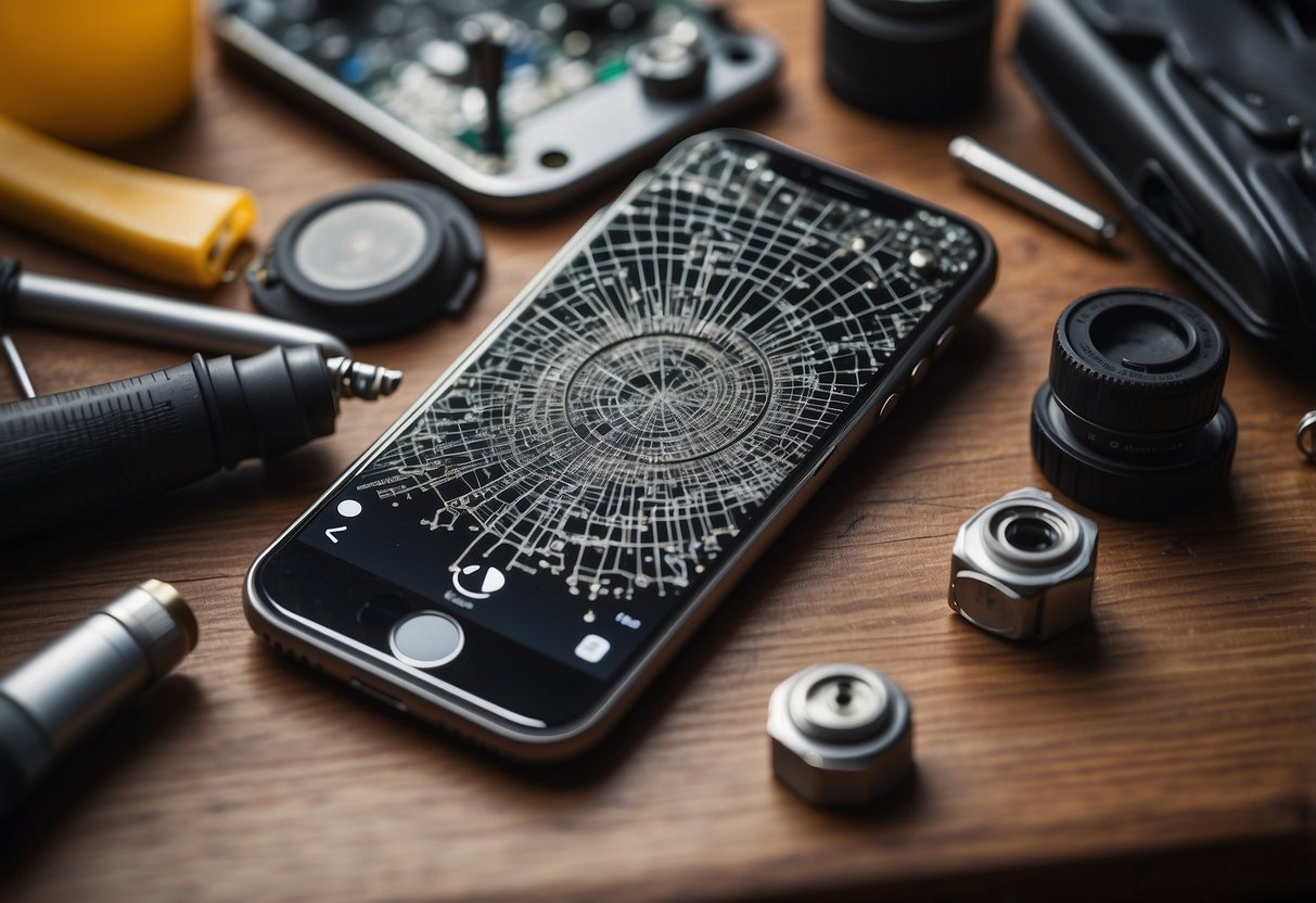 An iPhone 15 with a cracked screen sits on a cluttered desk, surrounded by tools and a repair manual