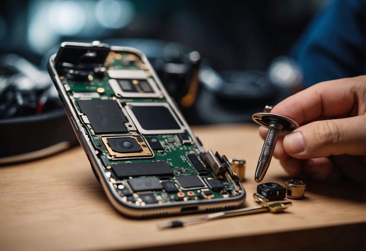 A broken iPhone 15 camera being repaired by a technician with tools and equipment on a workbench