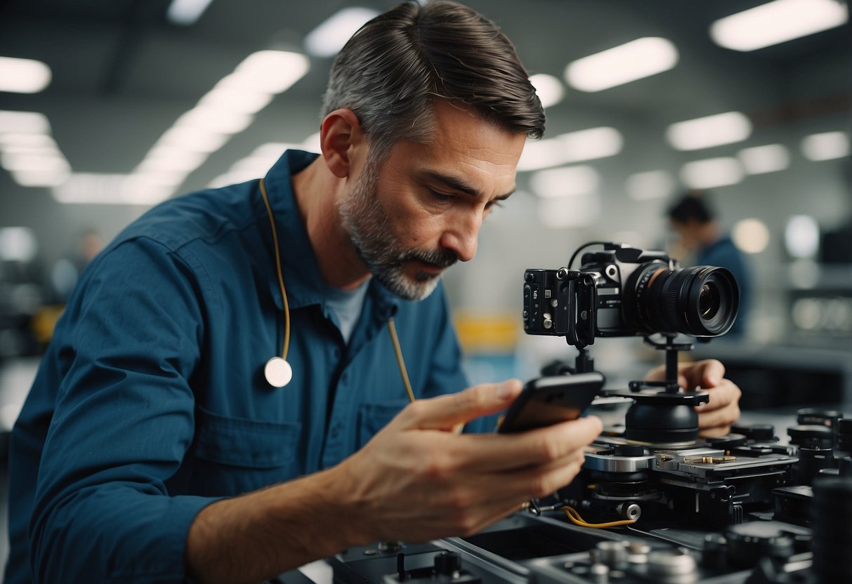 An iPhone 15 camera being inspected for warranty, with a technician examining the defect and determining if it can be repaired