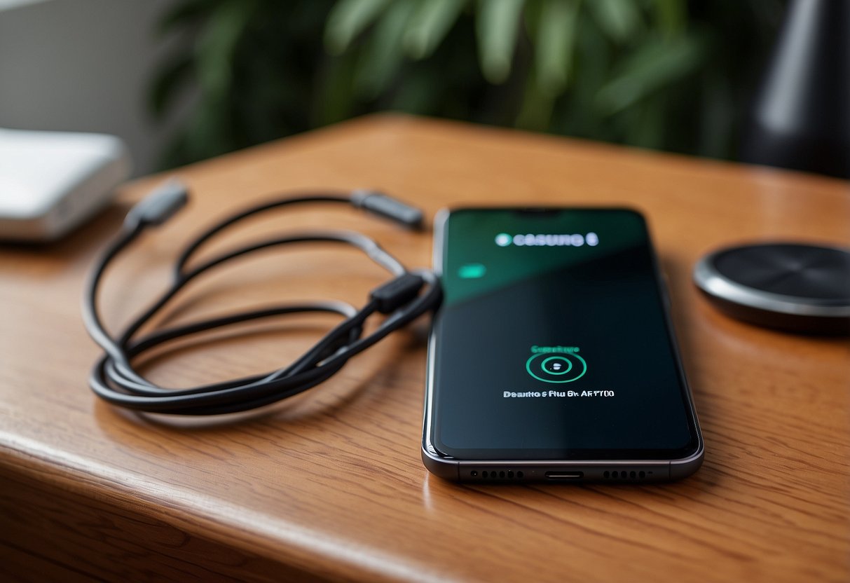 A Samsung phone sits on a table with a charging cable plugged in but not charging