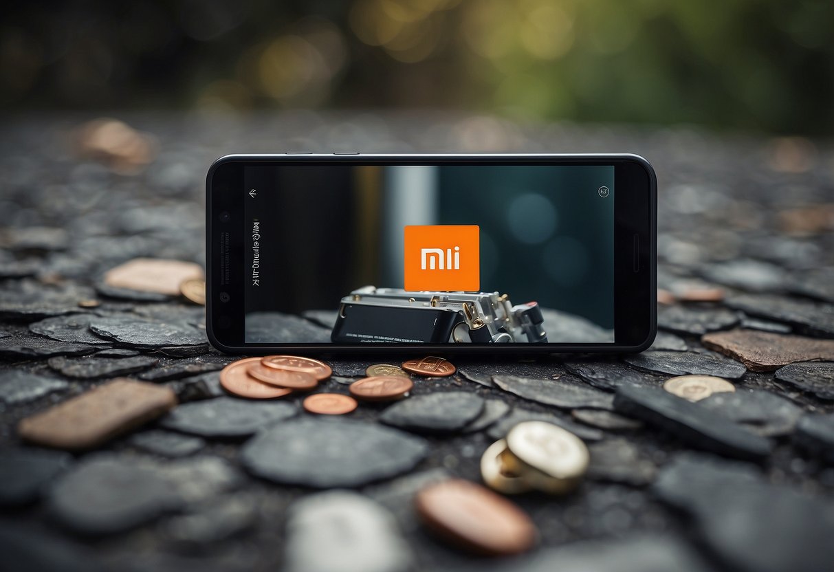 A Xiaomi phone rapidly losing battery, with a puzzled figure looking at it