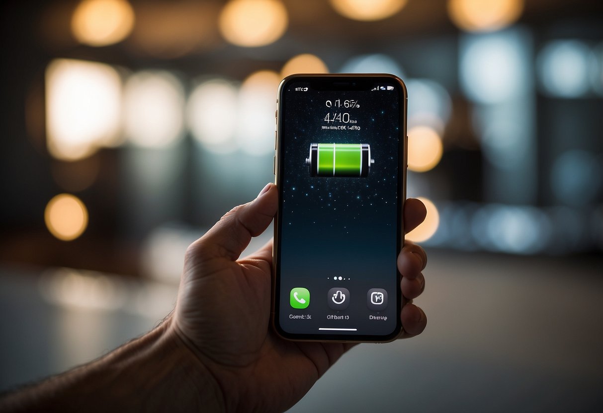 A hand holding an iPhone with a battery icon flashing. Another hand holding a replacement battery