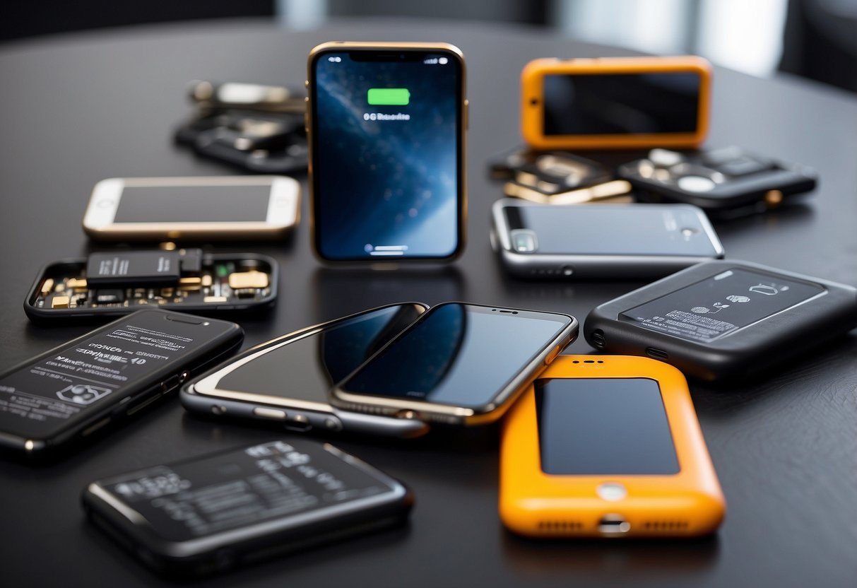 Various iPhone models with detachable batteries. Scene includes tools for battery replacement