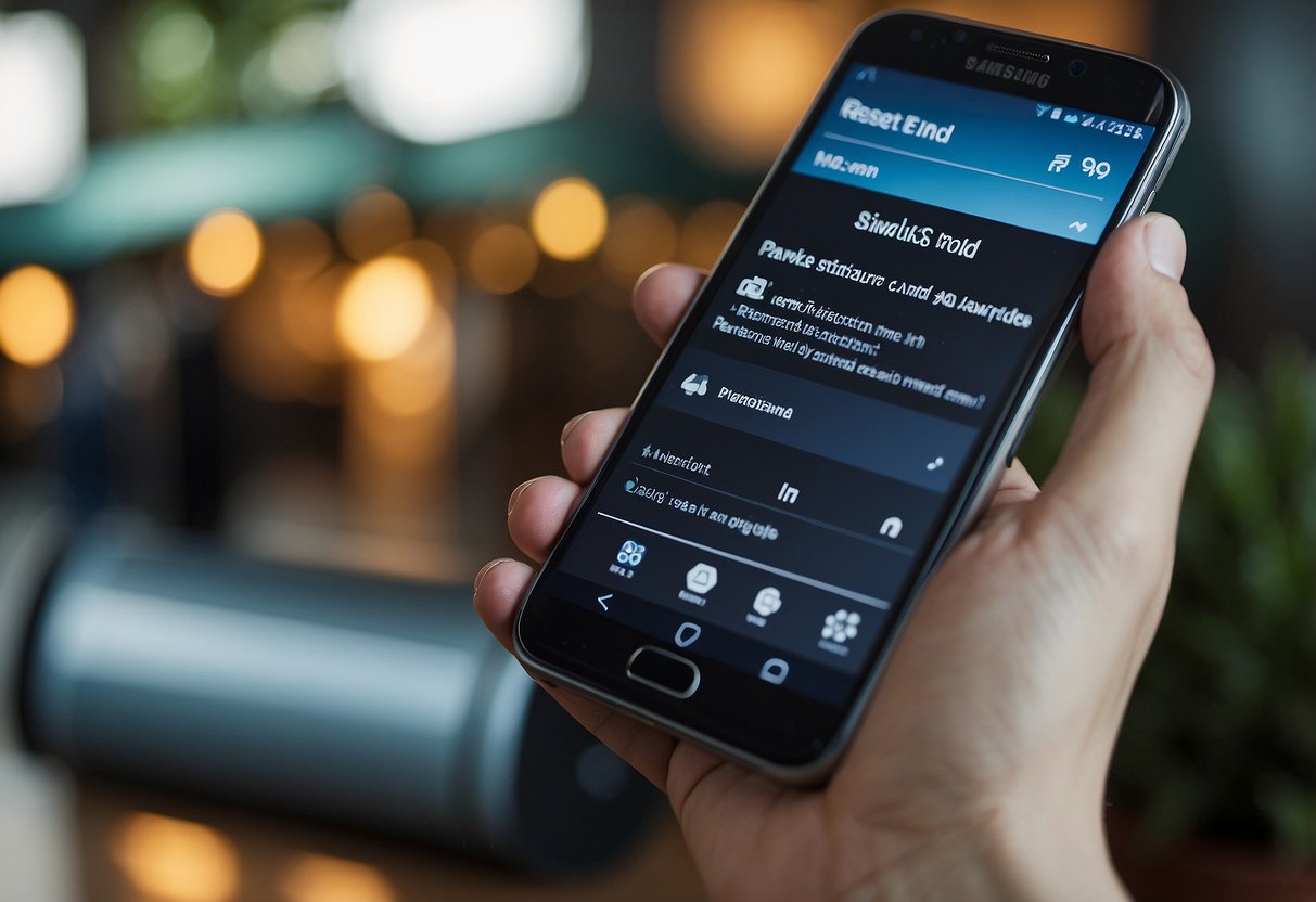 A hand holding a Samsung phone, tapping through the settings menu to find the "Reset" option, then confirming the reset and waiting for the phone to restart