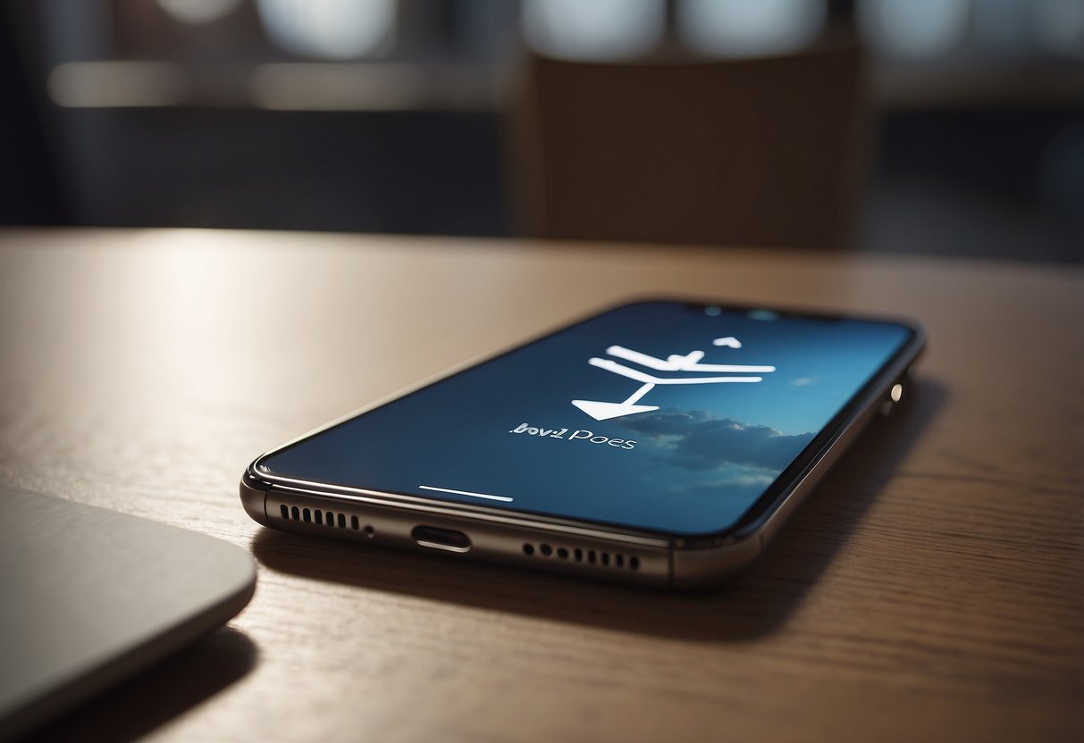 An iPhone resting on a desk, with a cloud icon and arrow pointing up, indicating the process of backing up data