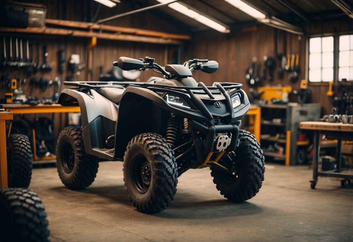 An ATV sits in a workshop surrounded by tools and parts. A mechanic is customizing the vehicle, adding larger wheels and a winch to the front