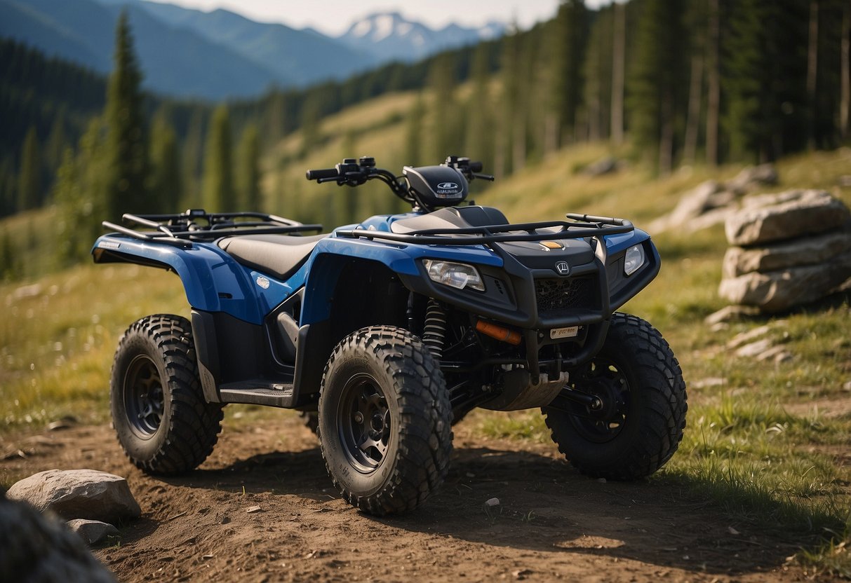 An ATV parked next to a well-equipped gear and maintenance area, with a variety of terrains in the background, showcasing the versatility of riding techniques